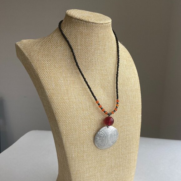 Black & Orange Beaded Necklace with Silver Medallion - Picture 1 of 5